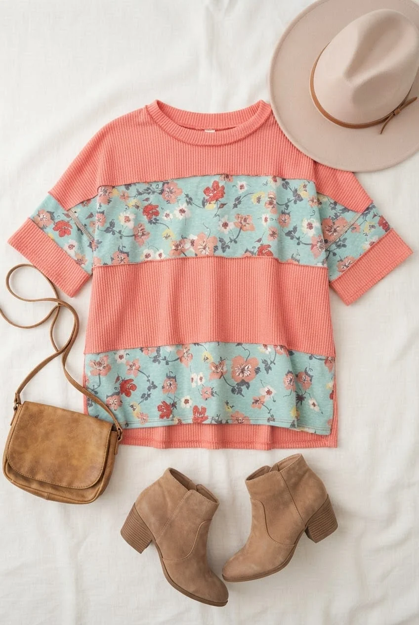 Coral Waffle Knit Top with Floral Sleeve Contrast