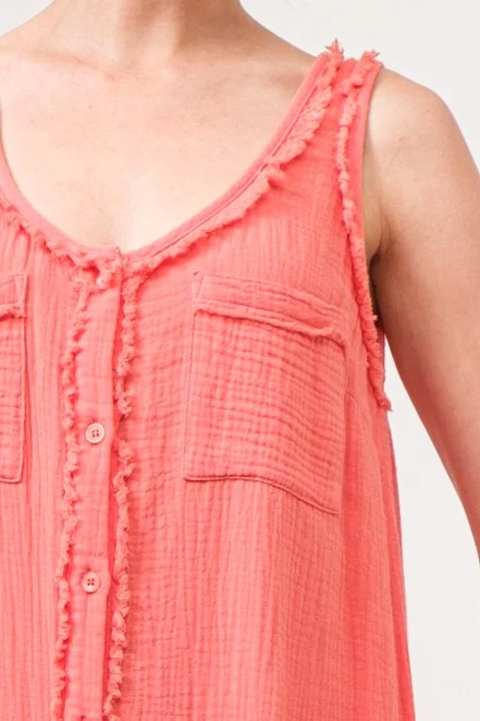 Coral Washed Gauzed Patch Pocket Tank Midi Dress - Image 2