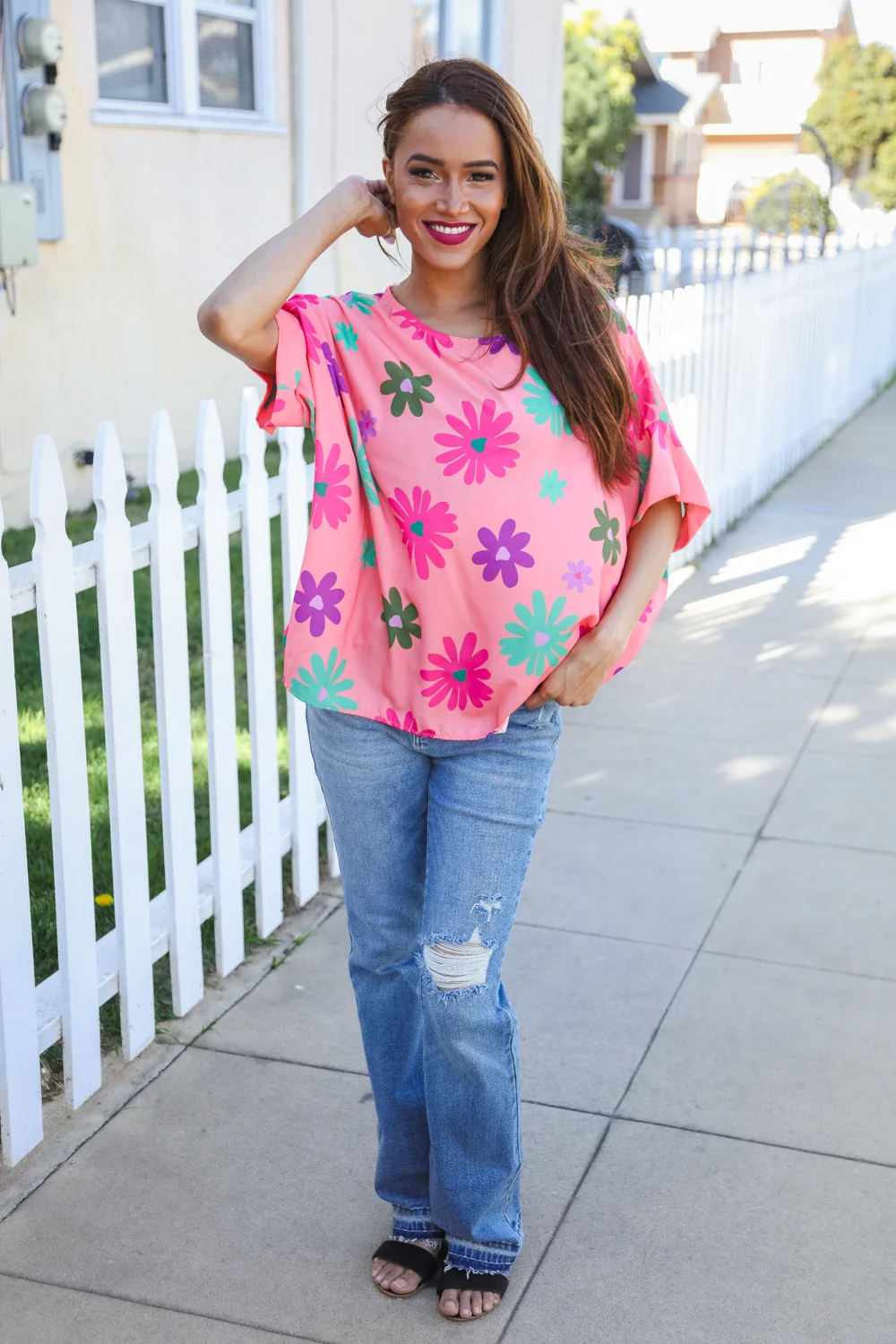 Coral Woven Floral Top - Image 2