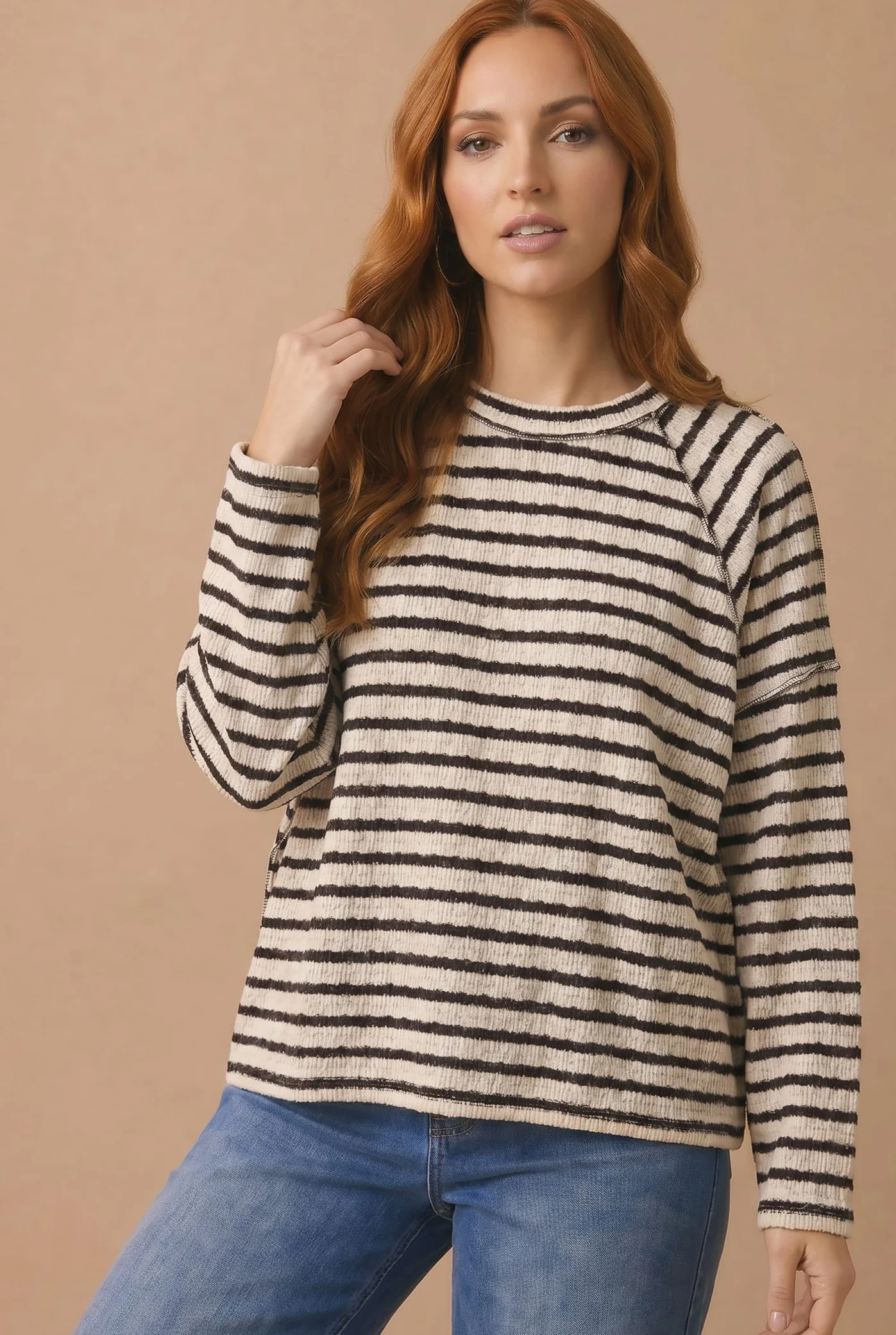 Cream and Black Stripe Textured Raglan Top - Image 2