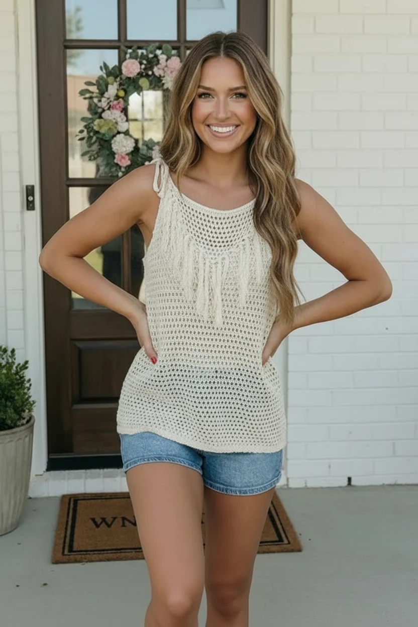 Cream Crochet Fringe Tank Top - Image 3