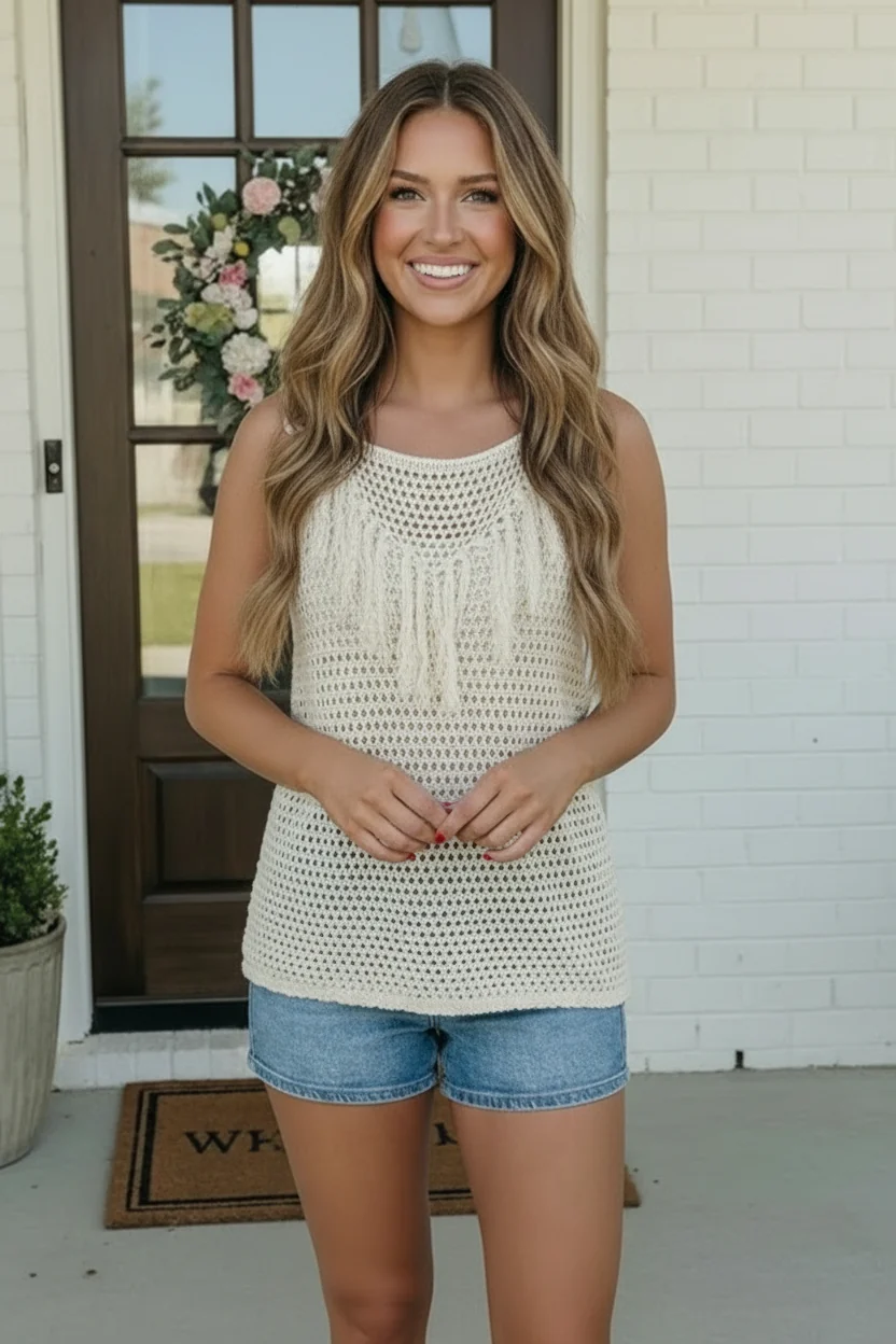 Cream Crochet Fringe Tank Top - Image 4