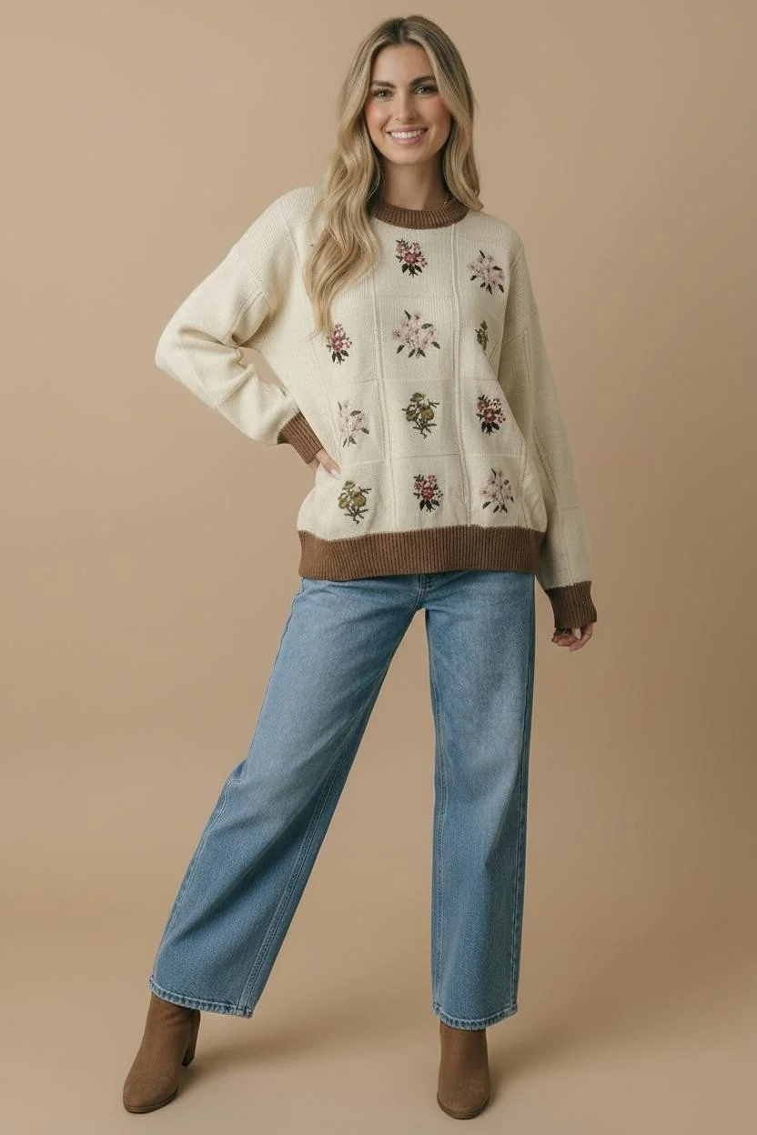 Cream Floral Embroidered Grid Knit Sweater - Image 5