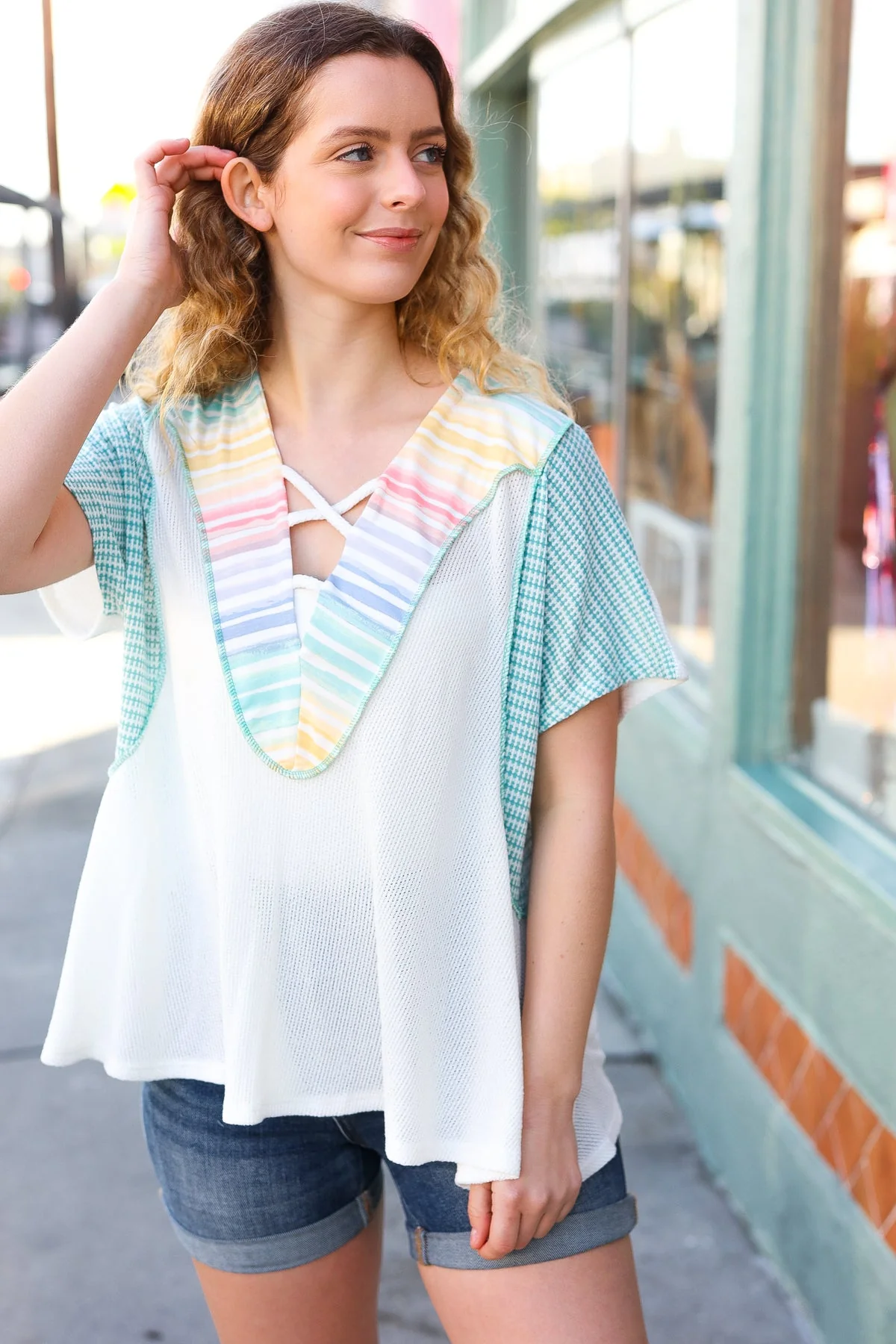 Cream Multi Stripe Lace Up Neck Color Block Top (Open Pack) - Image 4