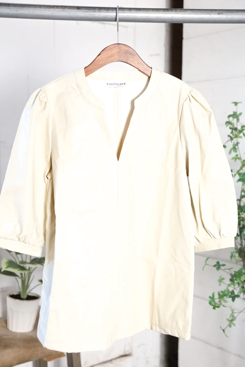 Cream Pleather V Neck Top