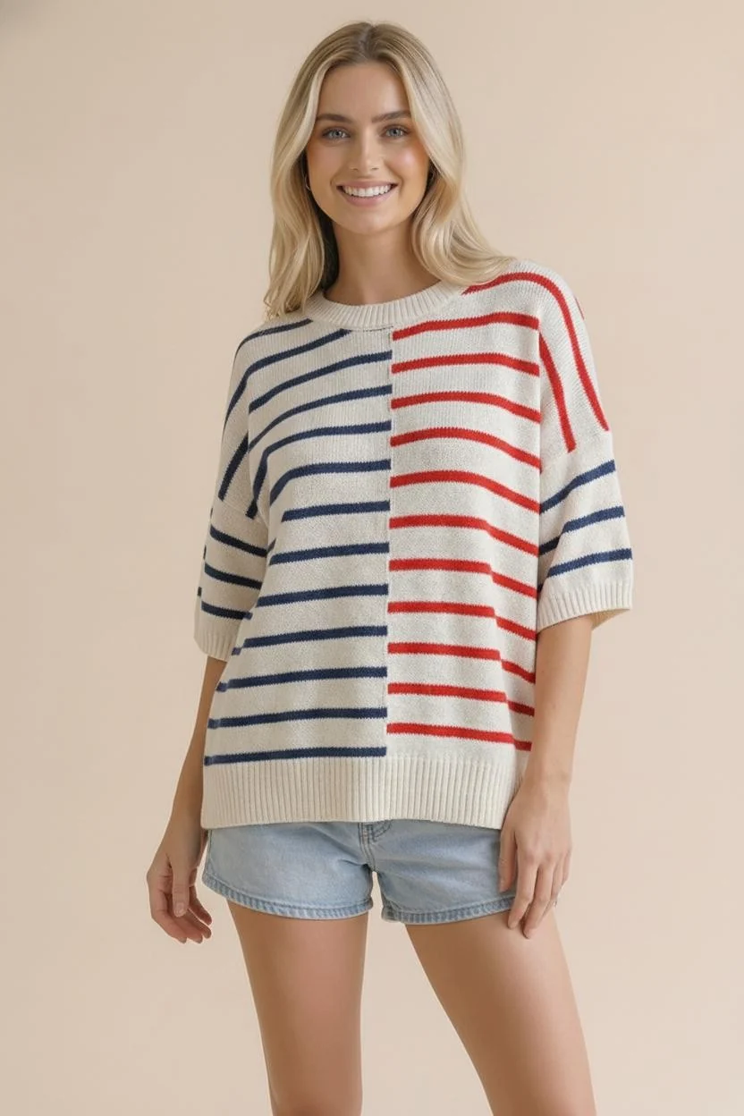 Cream Red Navy Colorblock Stripe Knit Sweater Top - Image 2