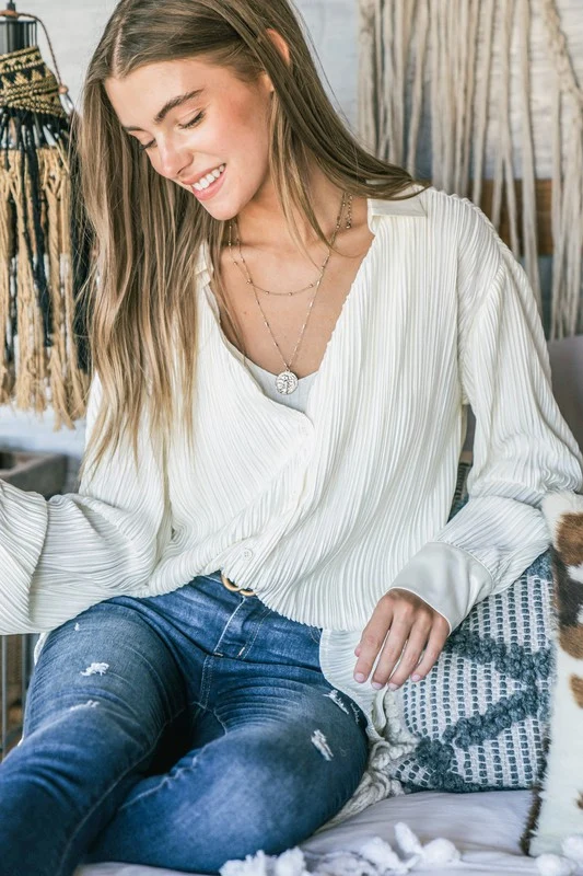 Cream Rib Pleated Design Silky Button Down Blouse ( all small 5pc) - Image 2