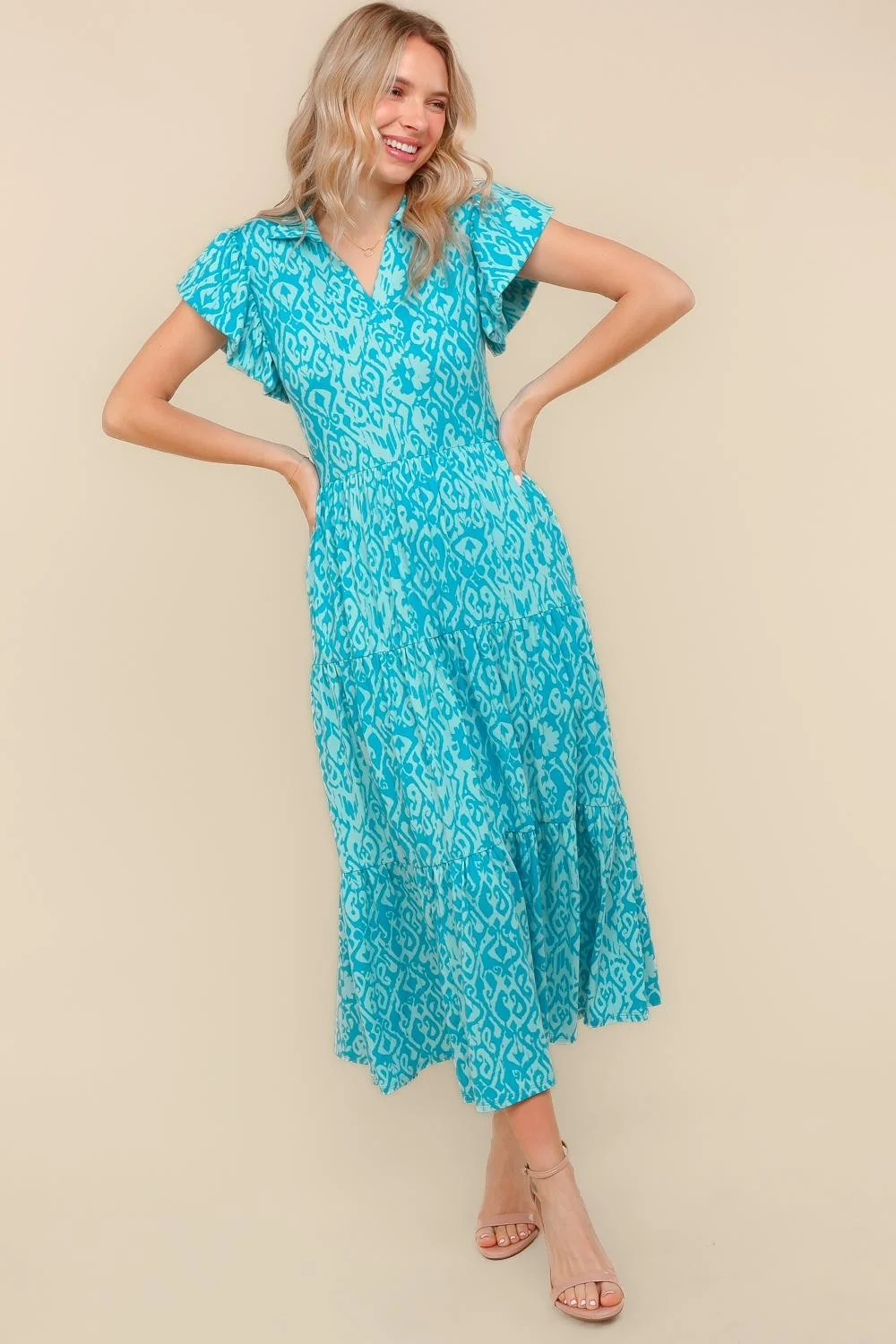 Cyan/Aqua Fit and Flare Tiered Midi Bohemian Dress - Image 2