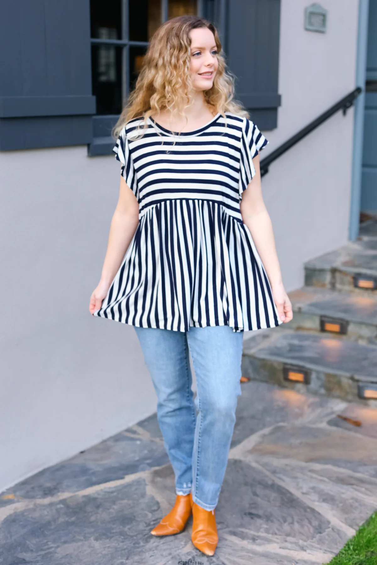 Dark Navy Ivory Stripe Short Sleeve Babydoll Top - Image 3