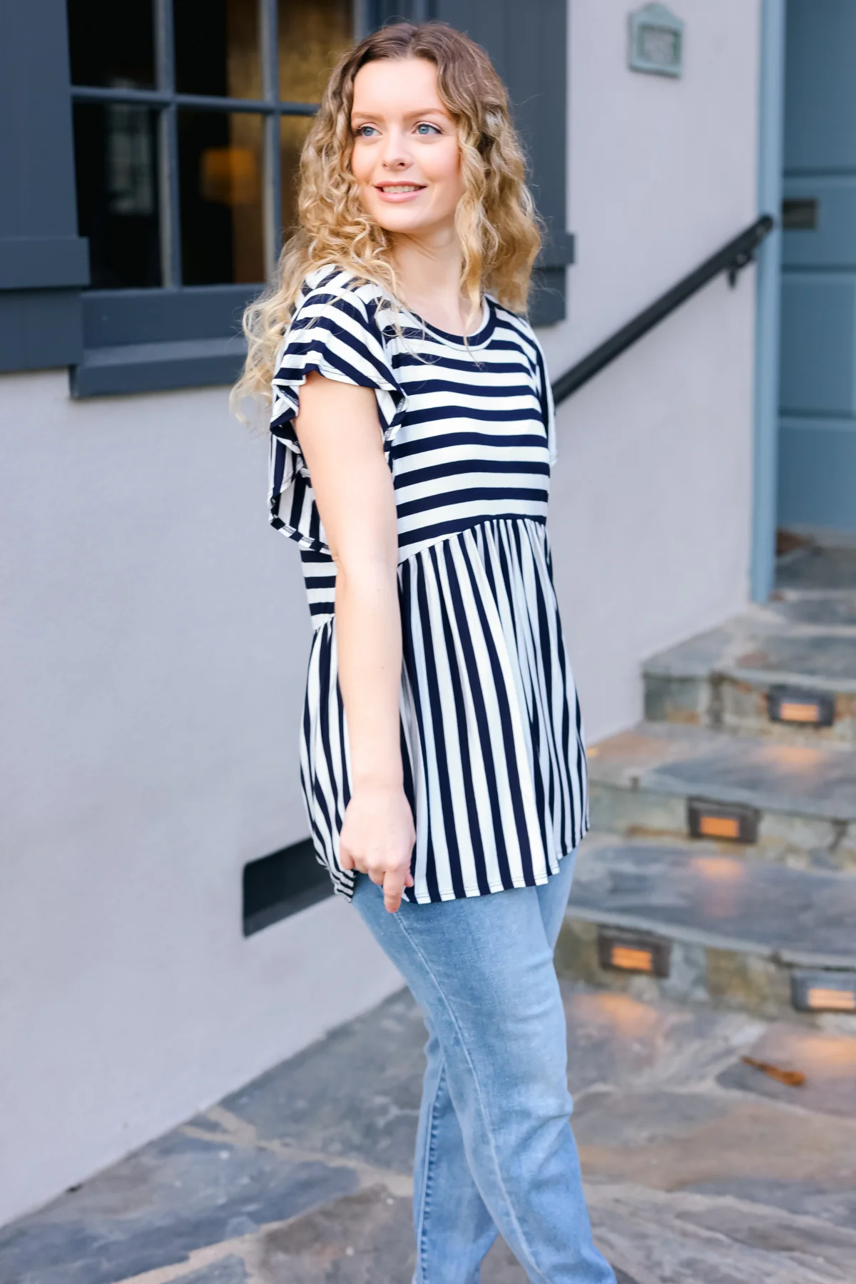 Dark Navy Ivory Stripe Short Sleeve Babydoll Top - Image 4