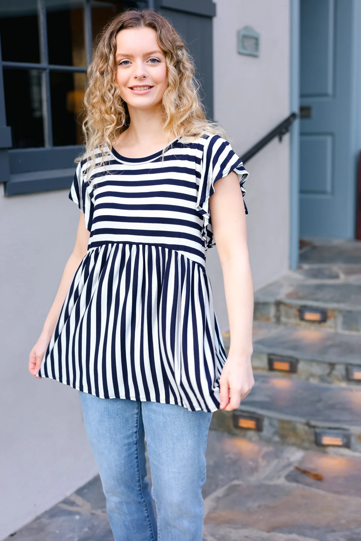 Dark Navy Ivory Stripe Short Sleeve Babydoll Top - Image 5