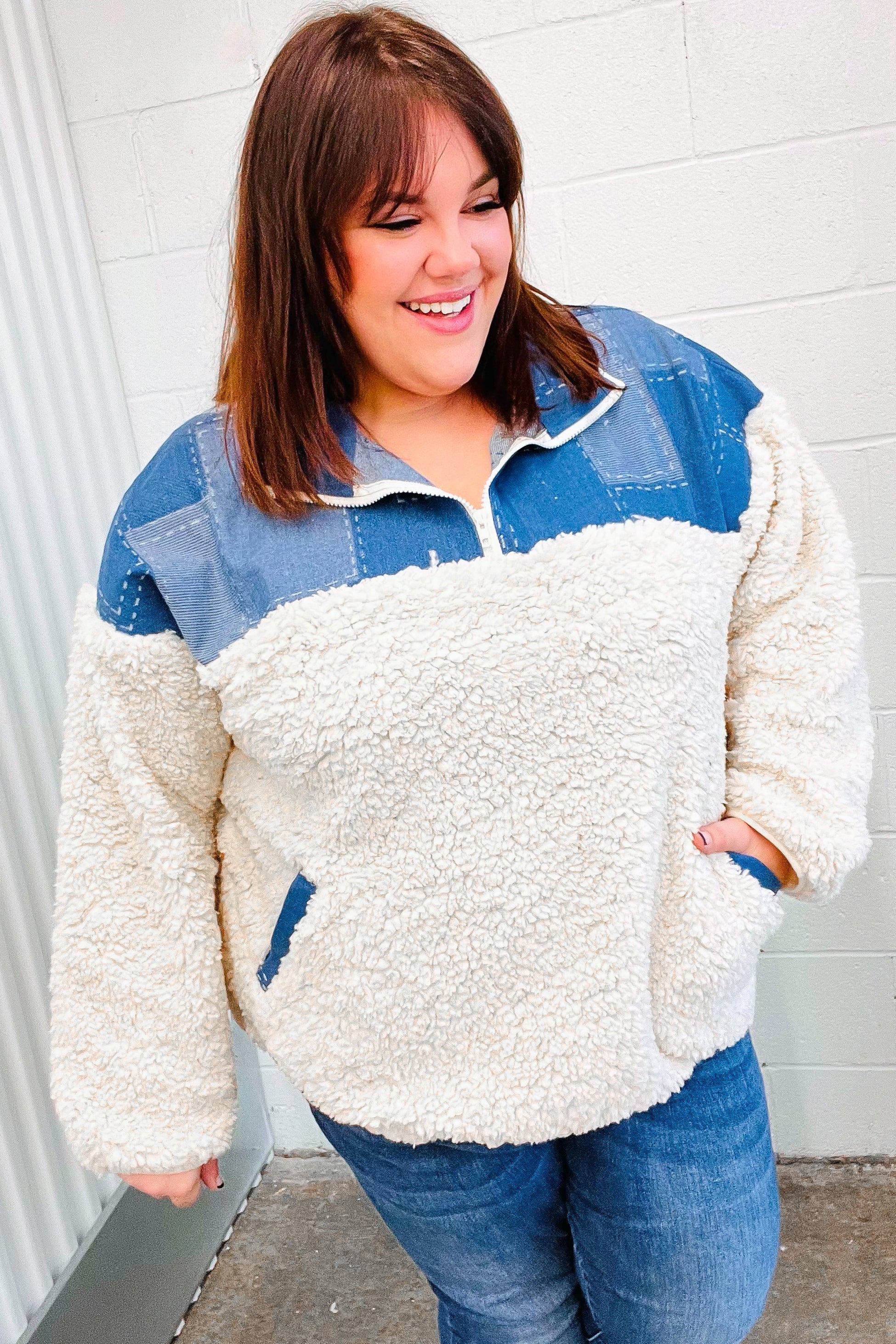 Good Vibes Denim & Ivory Patchwork Sherpa Half Zip Pullover (Open Pack) - Image 10