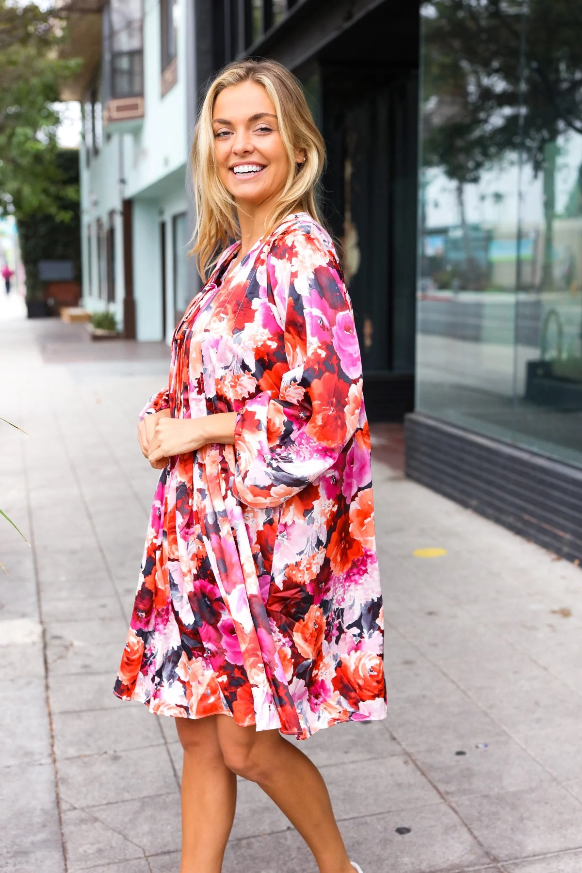 Diva Dreams Coral & Charcoal Floral Tie Neck Pintuck Satin Dress (Open Pack) - Image 10