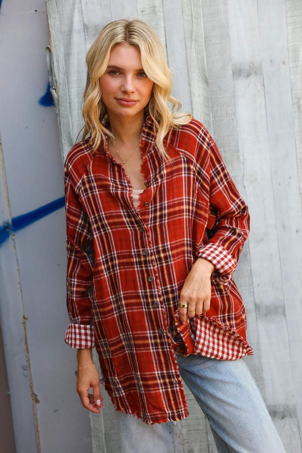 Double Plaid Design Rust Top - Image 2