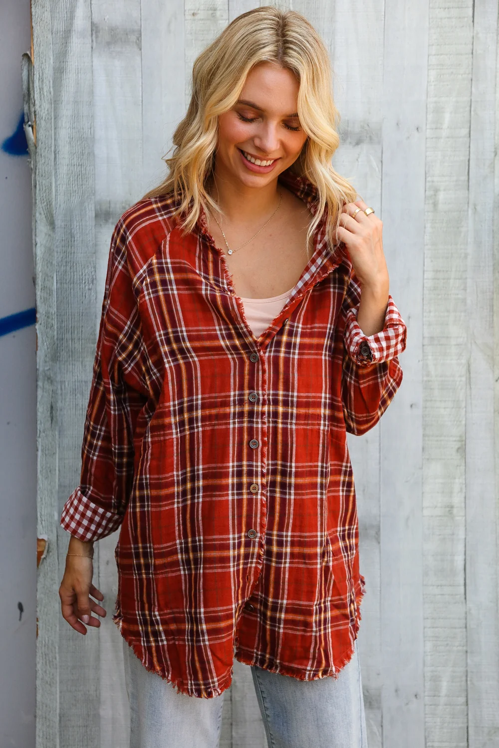 Double Plaid Design Rust Top - Image 3