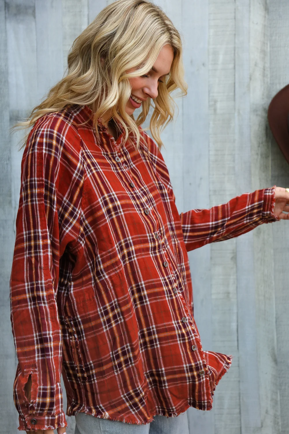 Double Plaid Design Rust Top - Image 7