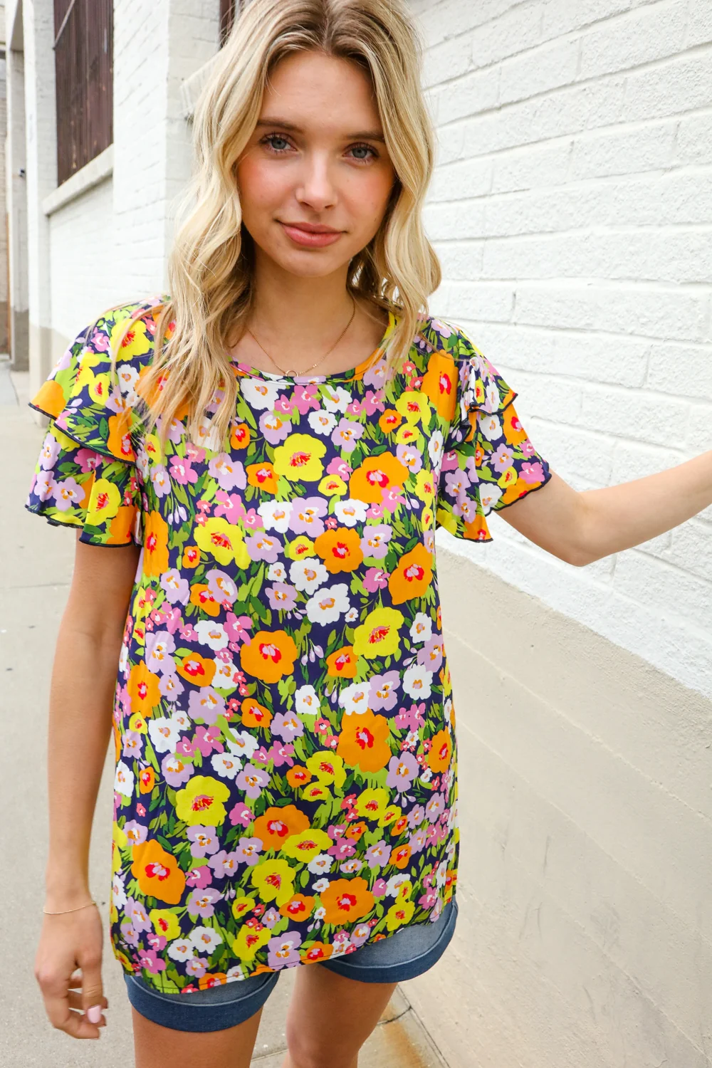 Double Ruffle Flutter Short Sleeve Woven Top - Image 3