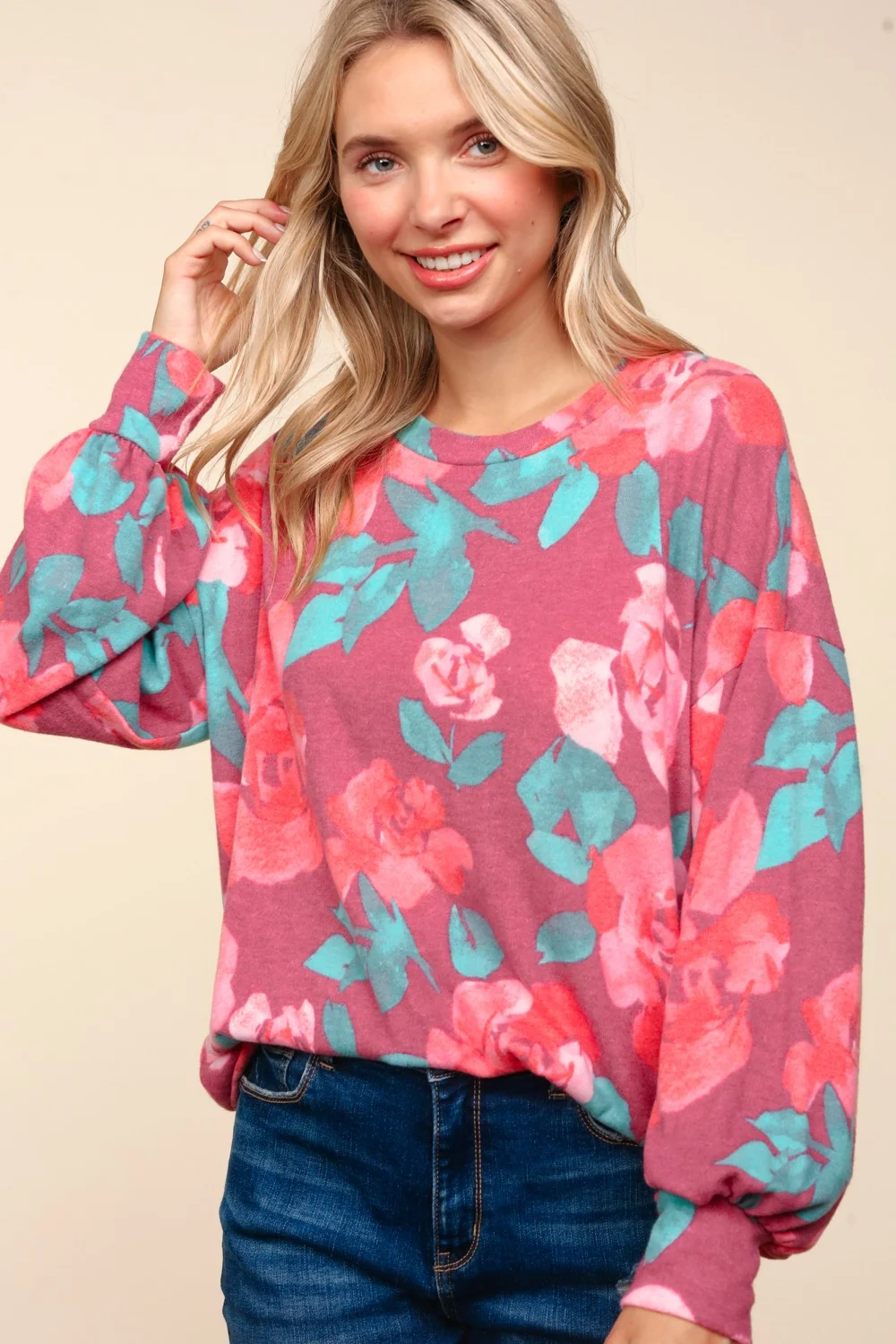 BURGUNDY DROP SHOULDER BRUSHED HACCI SWEATER KNIT TOP - Image 5