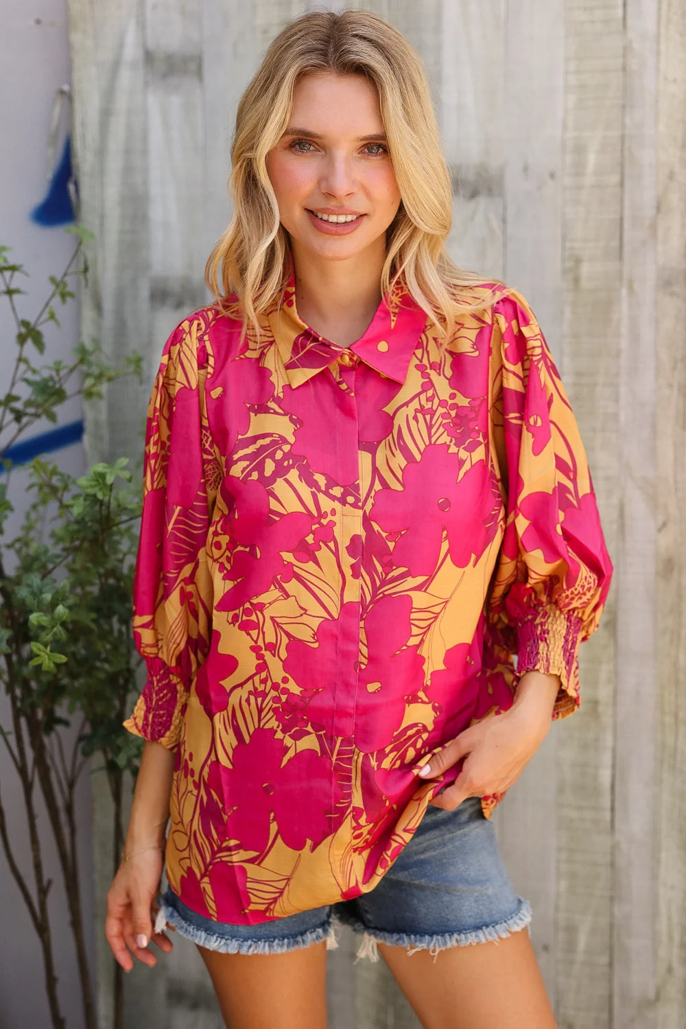 Elegant In Fuchsia Satin Button-Down Smock Long Sleeve Blouse (Open Pack) - Image 3