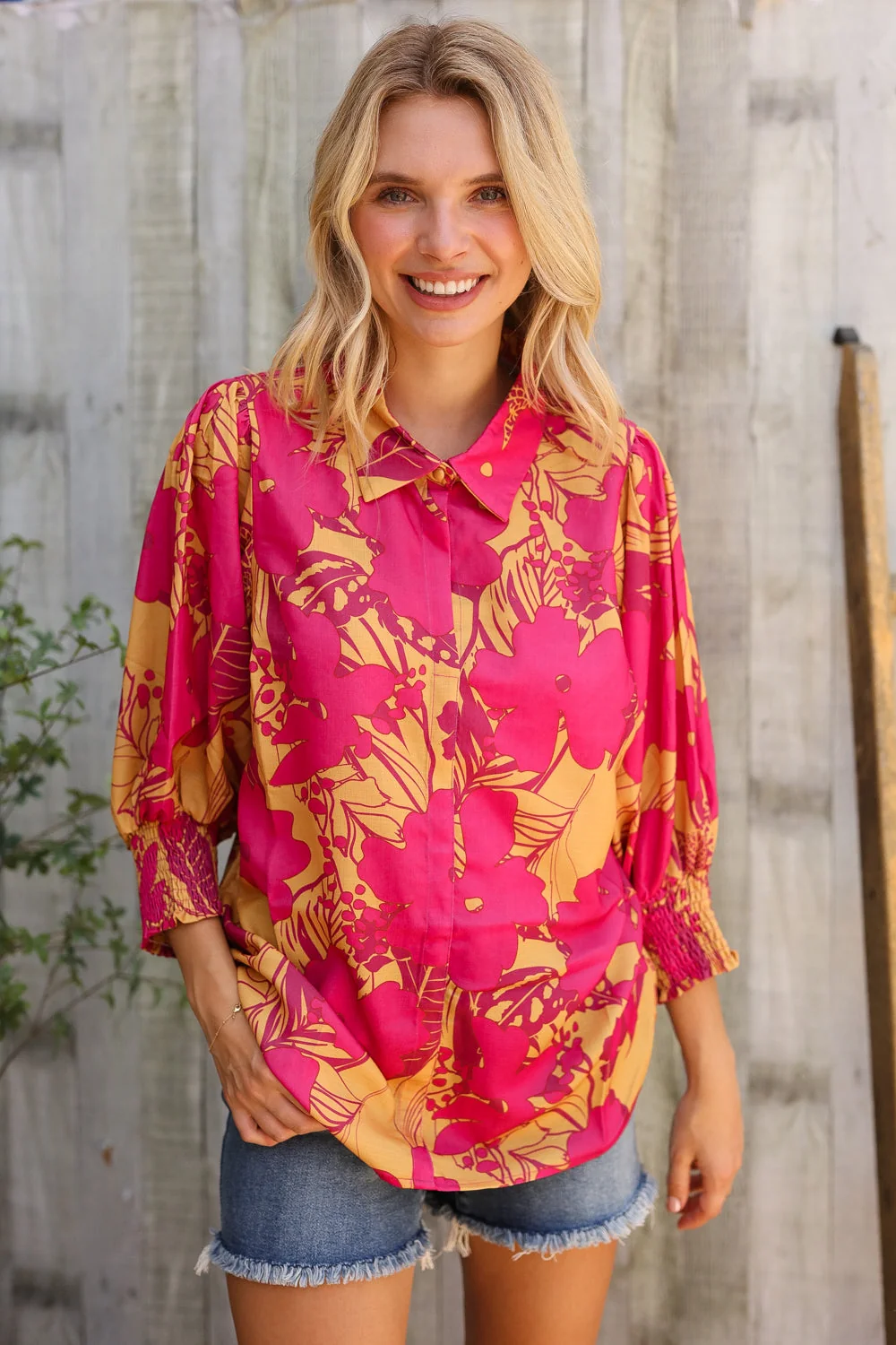 Elegant In Fuchsia Satin Button-Down Smock Long Sleeve Blouse (Open Pack) - Image 8