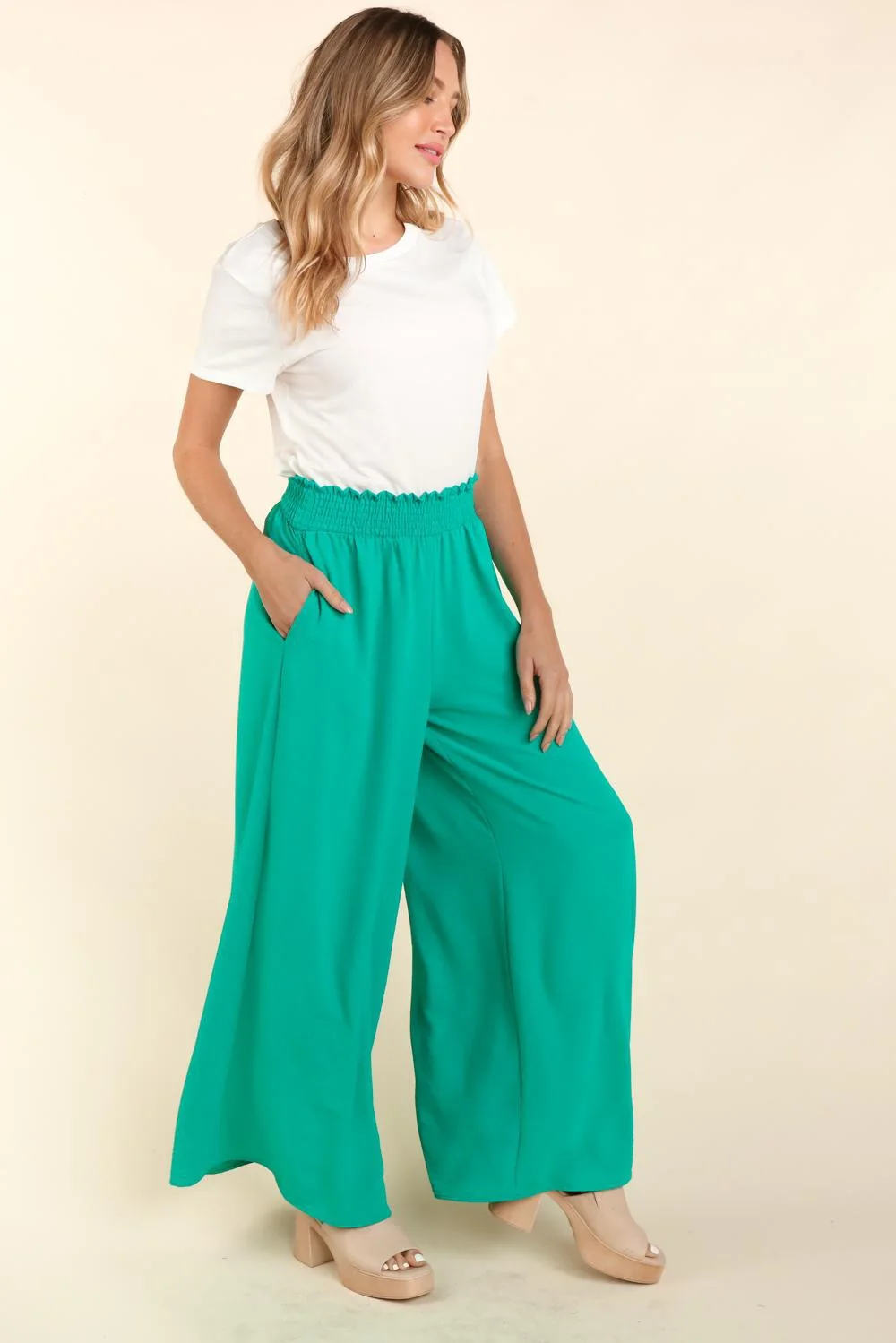 Emerald Smocked Waist Wide Leg With Side Pockets Woven Pants - Image 6