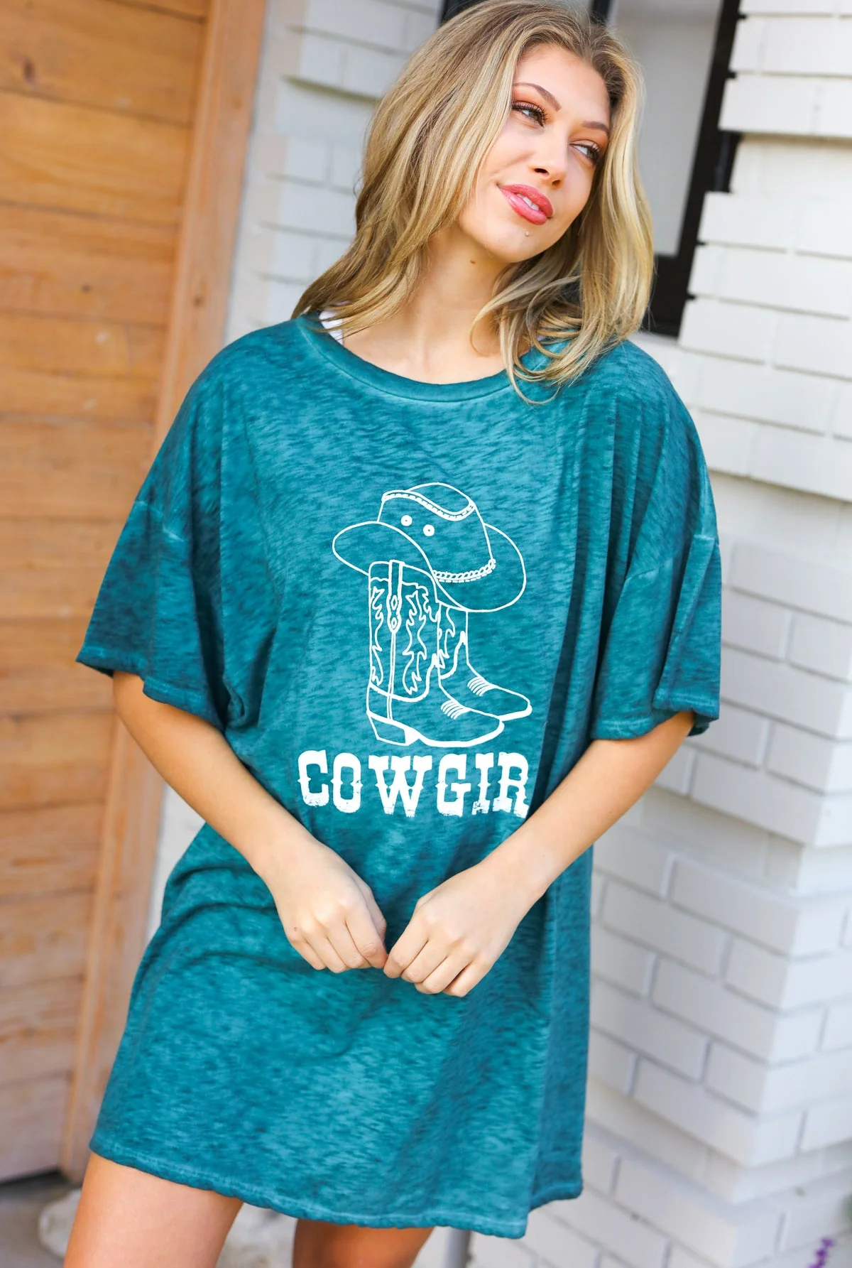 Emerald Cotton Blend COWGIRL Graphic Long Tee (Open Pack) - Image 4