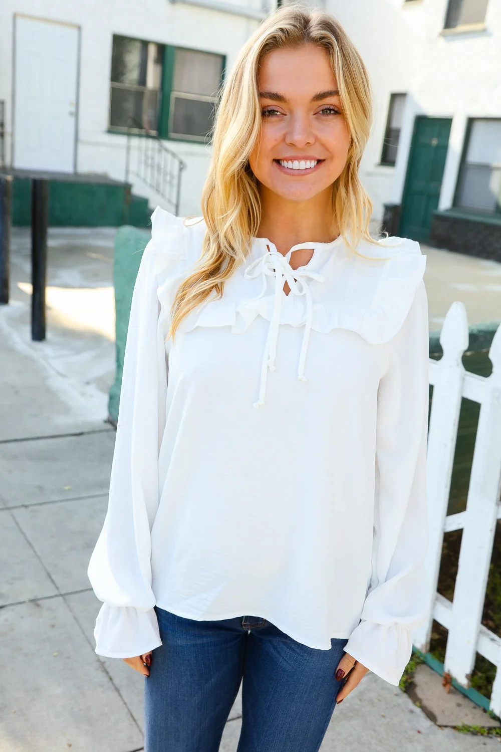 Eyes On You Ivory Ribbon Tie Bow Square Neck Ruffle Bubble Sleeve Blouse (Open Pack) - Image 13