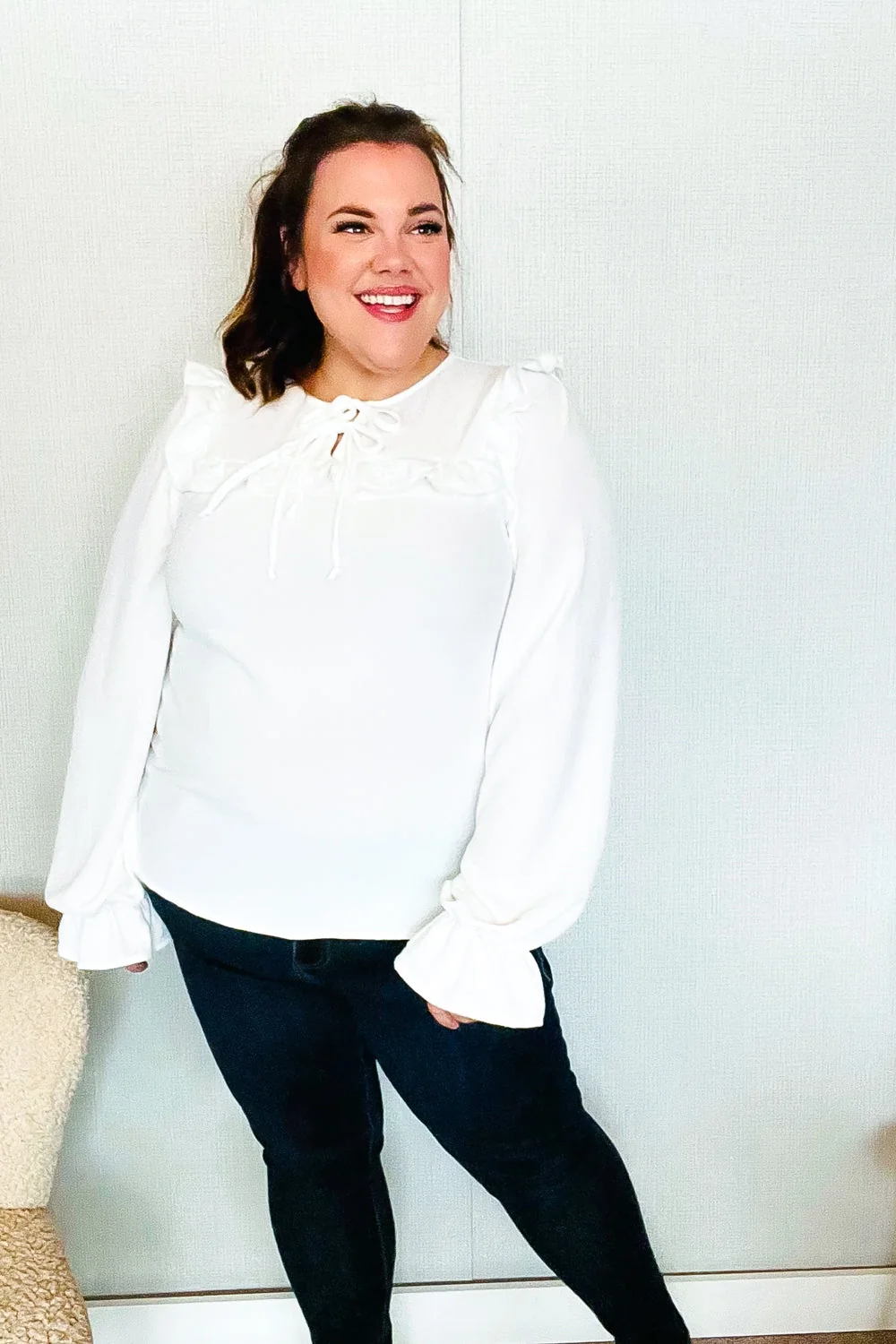 Eyes On You Ivory Ribbon Tie Bow Square Neck Ruffle Bubble Sleeve Blouse (Open Pack) - Image 15