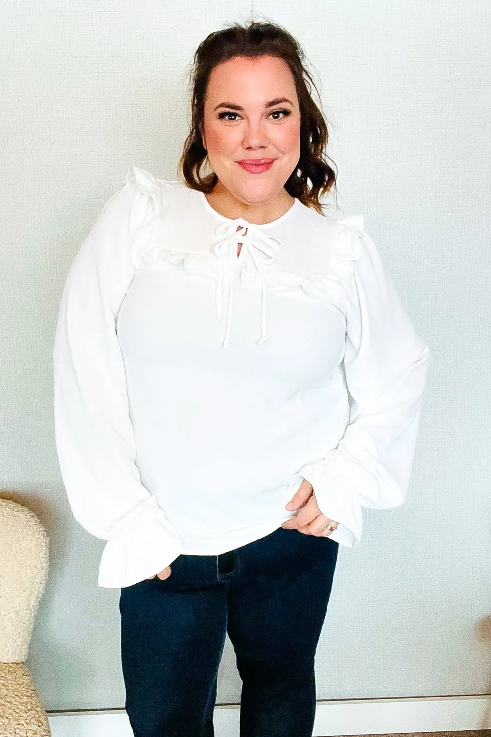 Eyes On You Ivory Ribbon Tie Bow Square Neck Ruffle Bubble Sleeve Blouse (Open Pack) - Image 4
