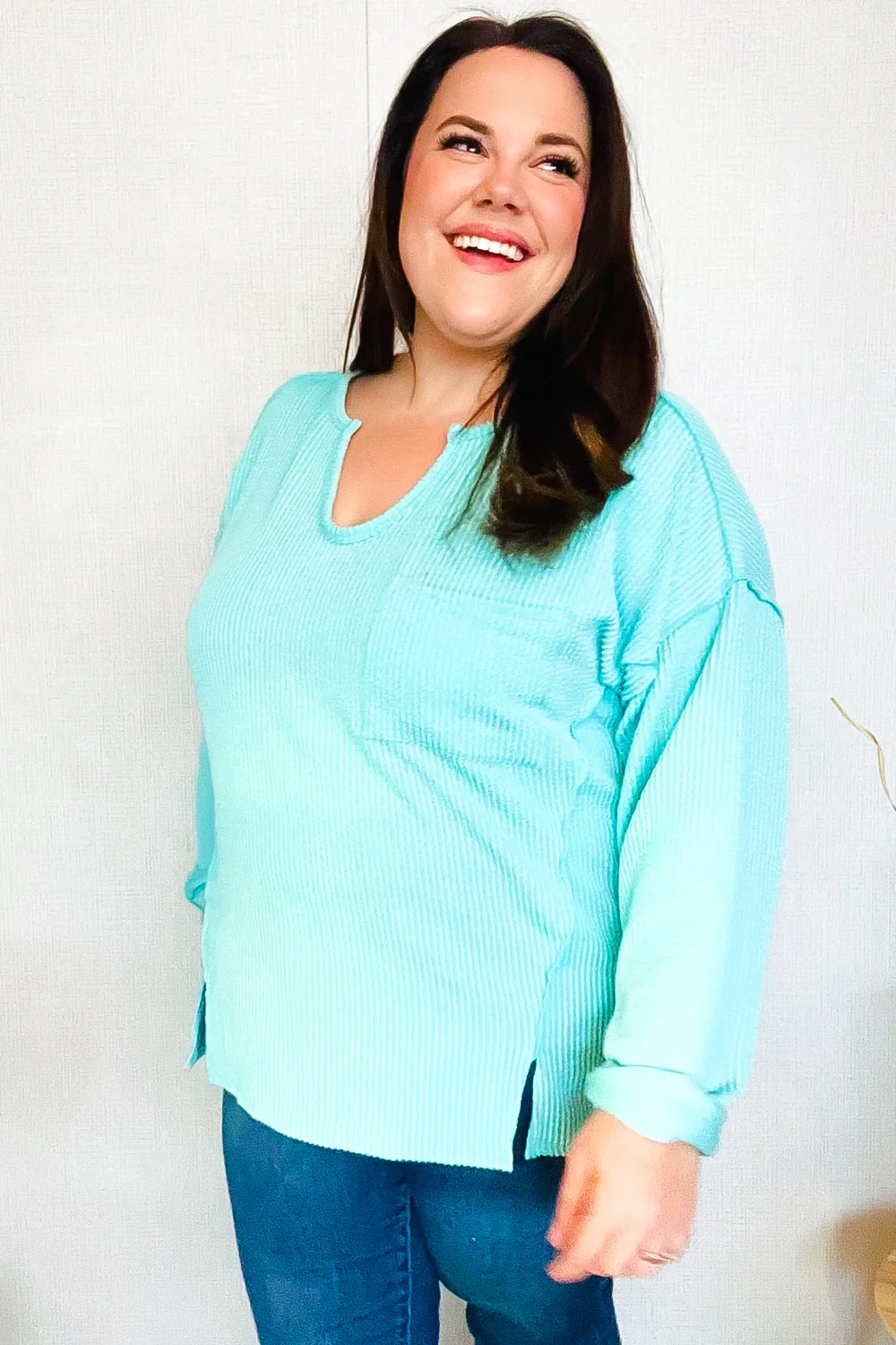 Eyes On You Seafoam Mineral Wash Rib Notch Neck Pocket Top (Open Pack) - Image 12