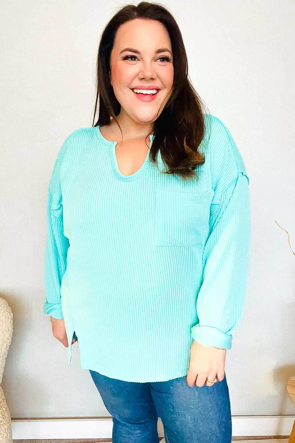 Eyes On You Seafoam Mineral Wash Rib Notch Neck Pocket Top (Open Pack) - Image 3