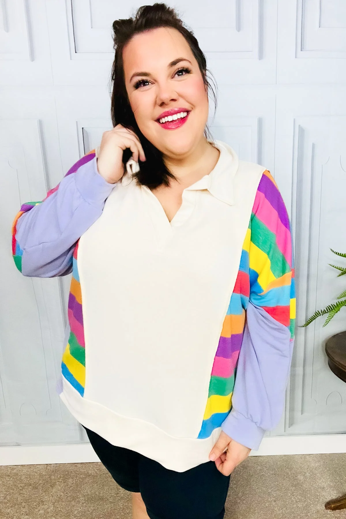 Feeling Bold Lilac Multicolor Stripe Collared V Neck Pullover (Open Pack) - Image 13