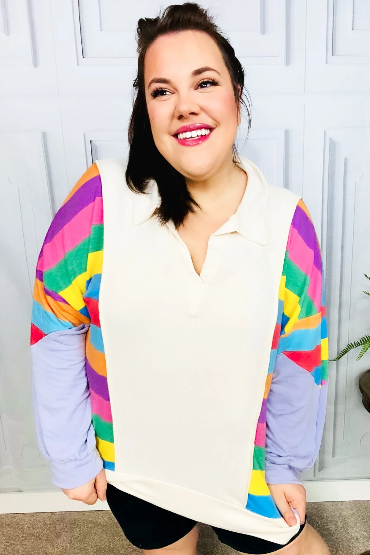 Feeling Bold Lilac Multicolor Stripe Collared V Neck Pullover (Open Pack) - Image 2