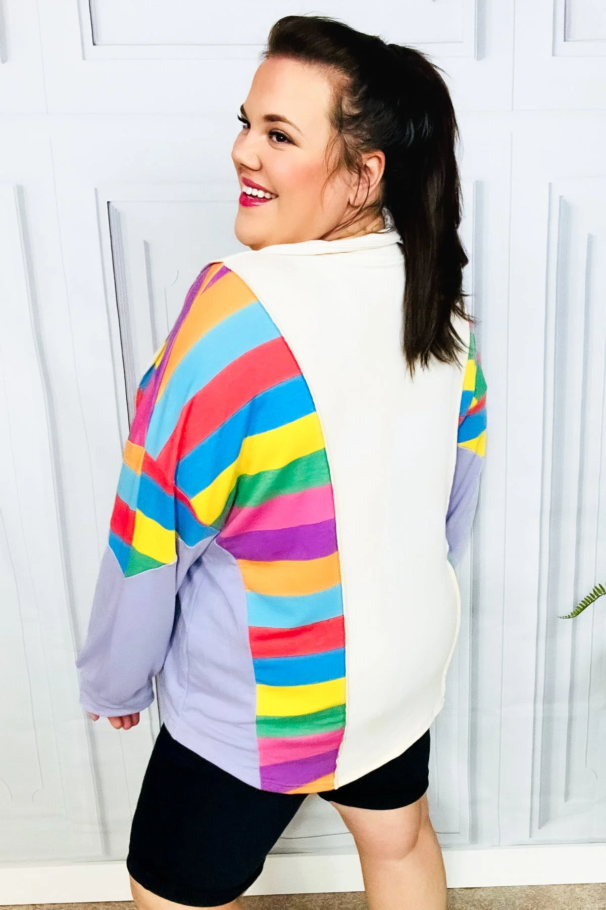 Feeling Bold Lilac Multicolor Stripe Collared V Neck Pullover (Open Pack) - Image 3