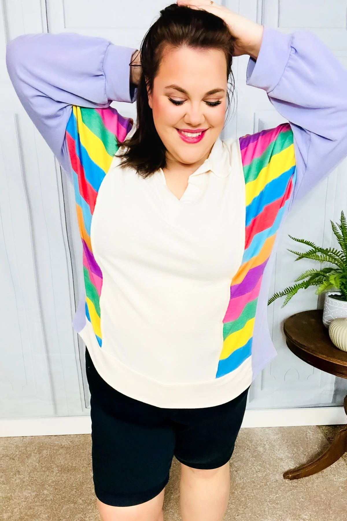 Feeling Bold Lilac Multicolor Stripe Collared V Neck Pullover (Open Pack) - Image 5