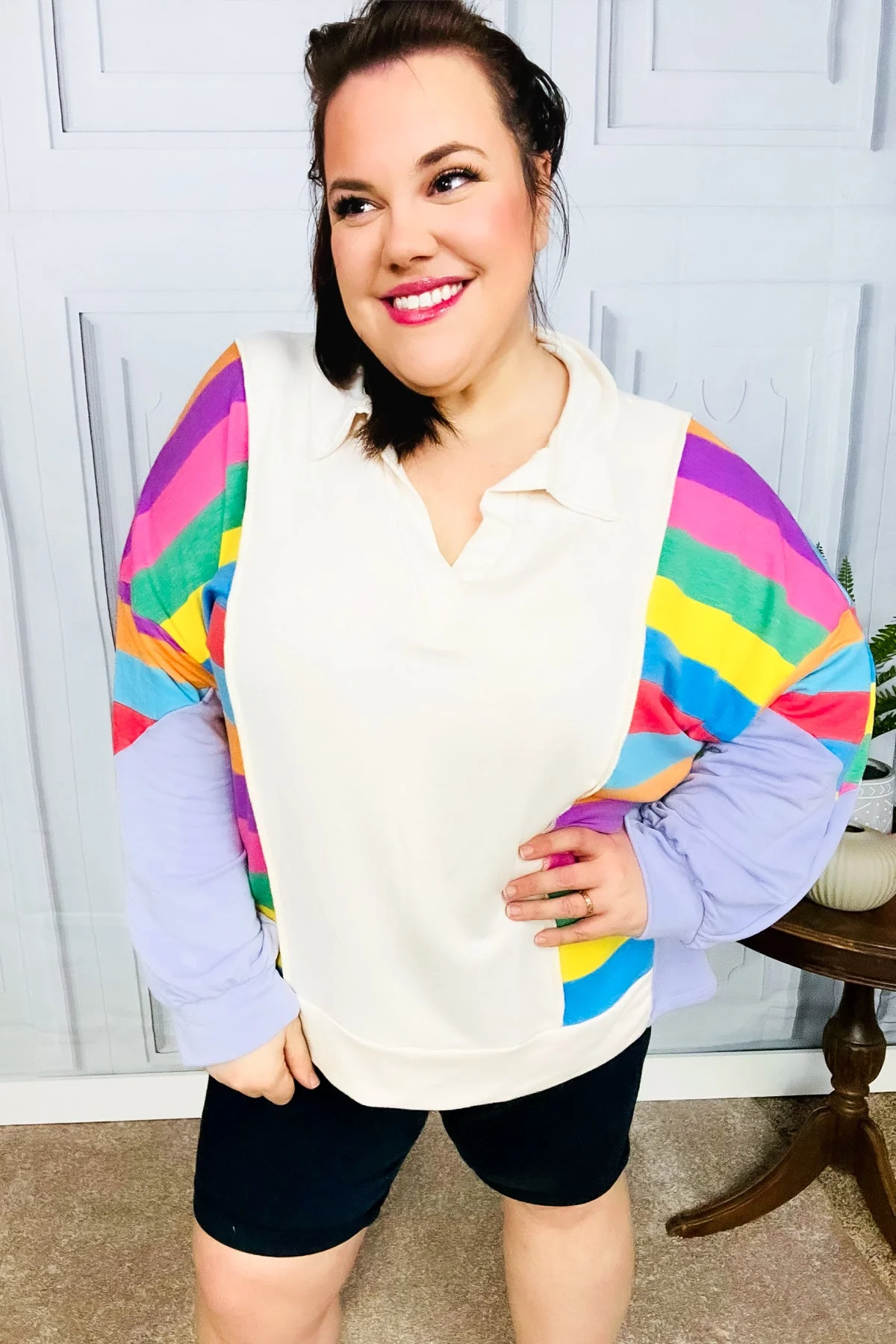 Feeling Bold Lilac Multicolor Stripe Collared V Neck Pullover (Open Pack) - Image 7