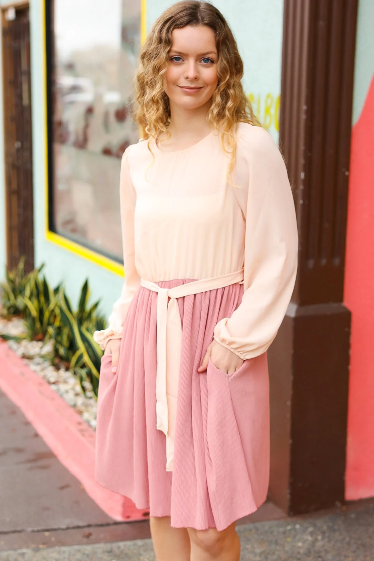 Feeling Femme Mauve & Peach Twofer Pleated Skirt Dress (Open Pack) - Image 4