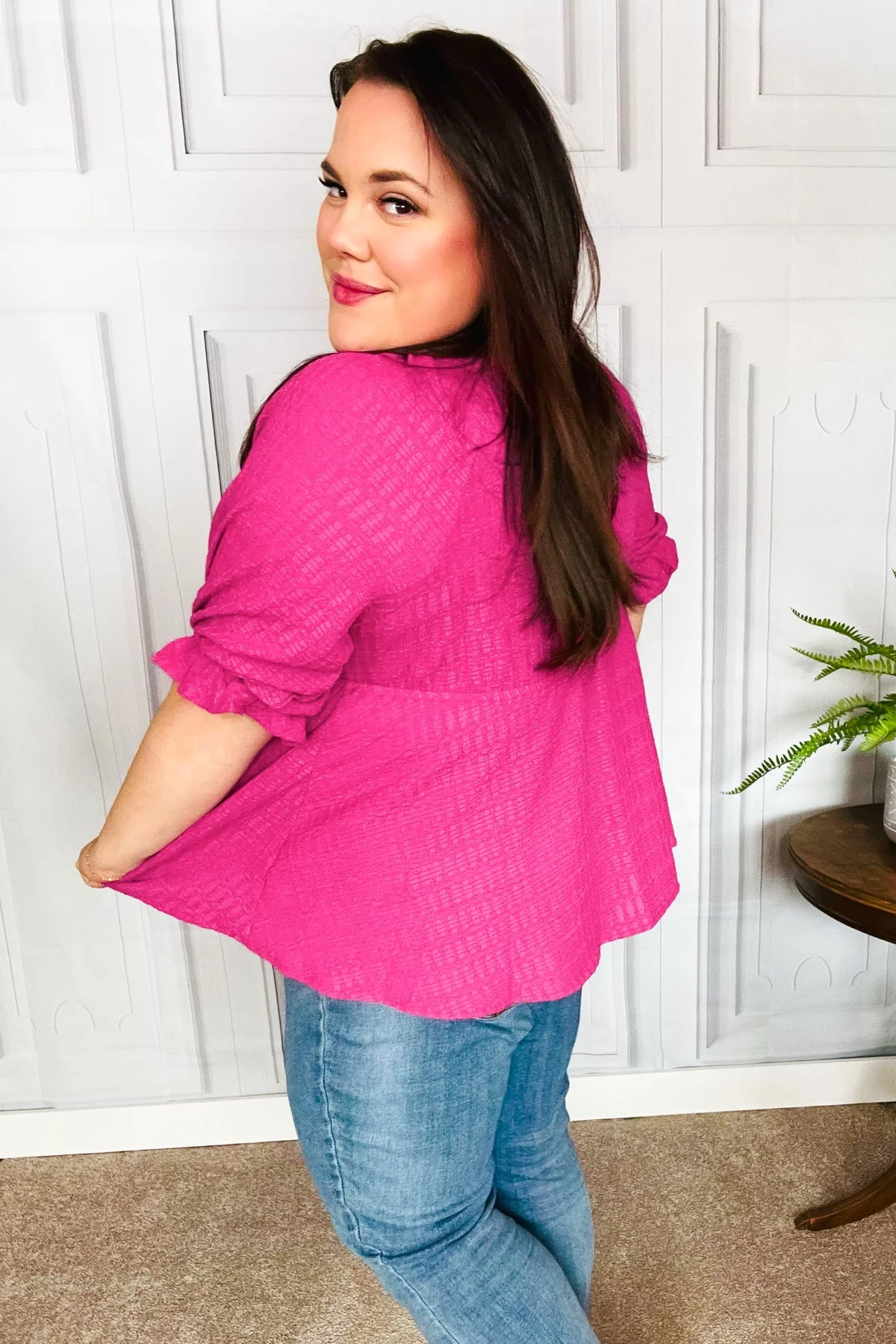 Feeling Strong Fuchsia Textured V Neck Babydoll Top (Open Pack) - Image 10
