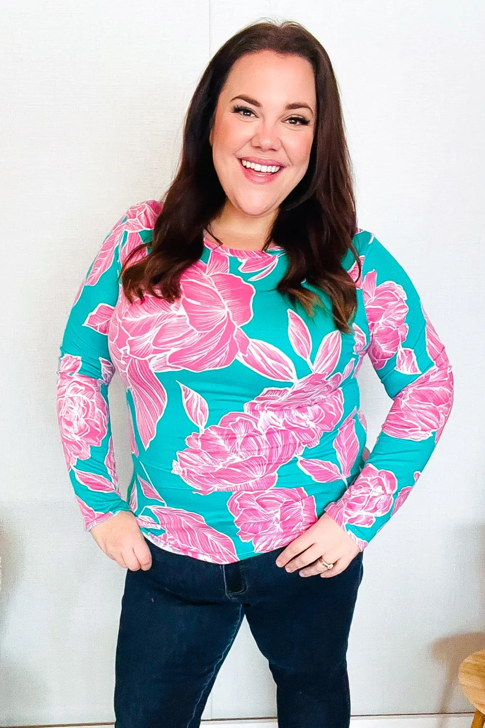 Find Love Aqua/Pink Fitted Floral Print Buttery Soft Knit Top (Open Pack) - Image 11