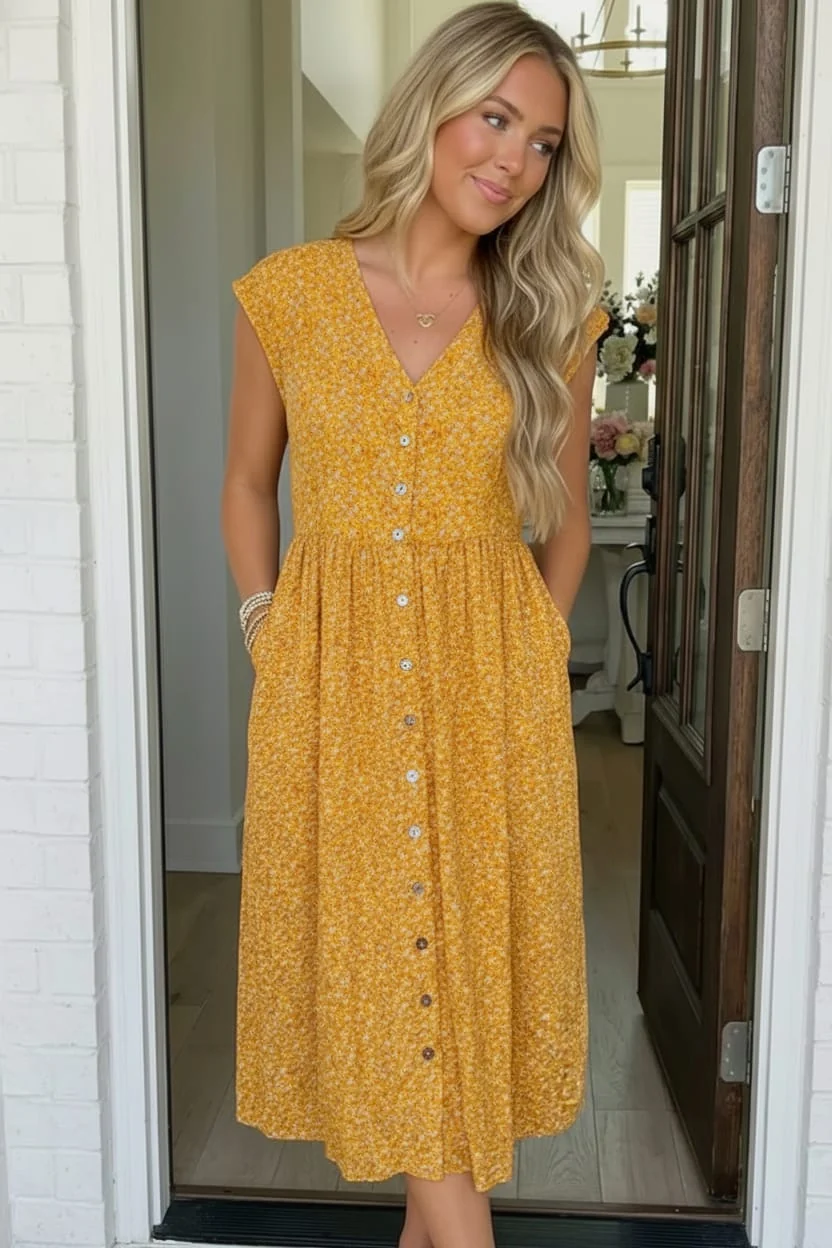 First Love Mustard Floral Button-Down Midi Dress - Image 2