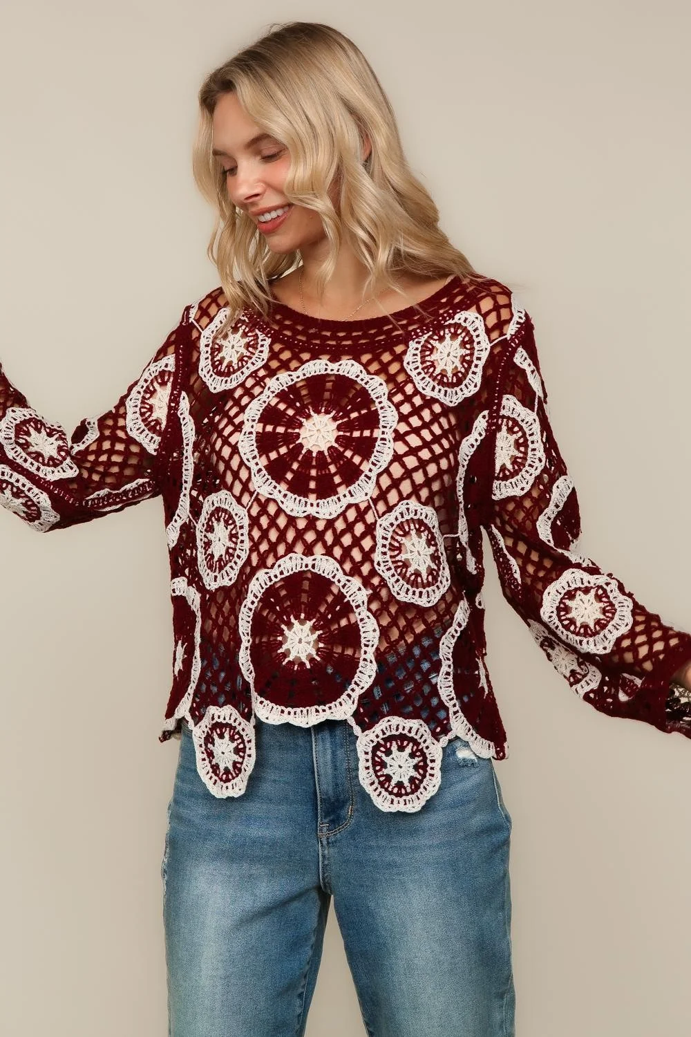 FLORAL CROCHET LACE COVER UP SWEATER TOP - Image 5