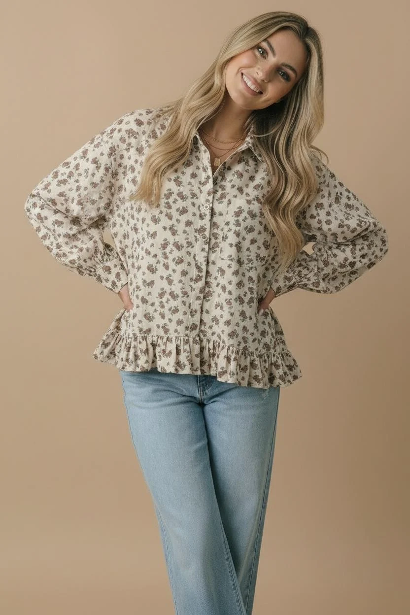 Floral Ruffle Hem Button Down Blouse