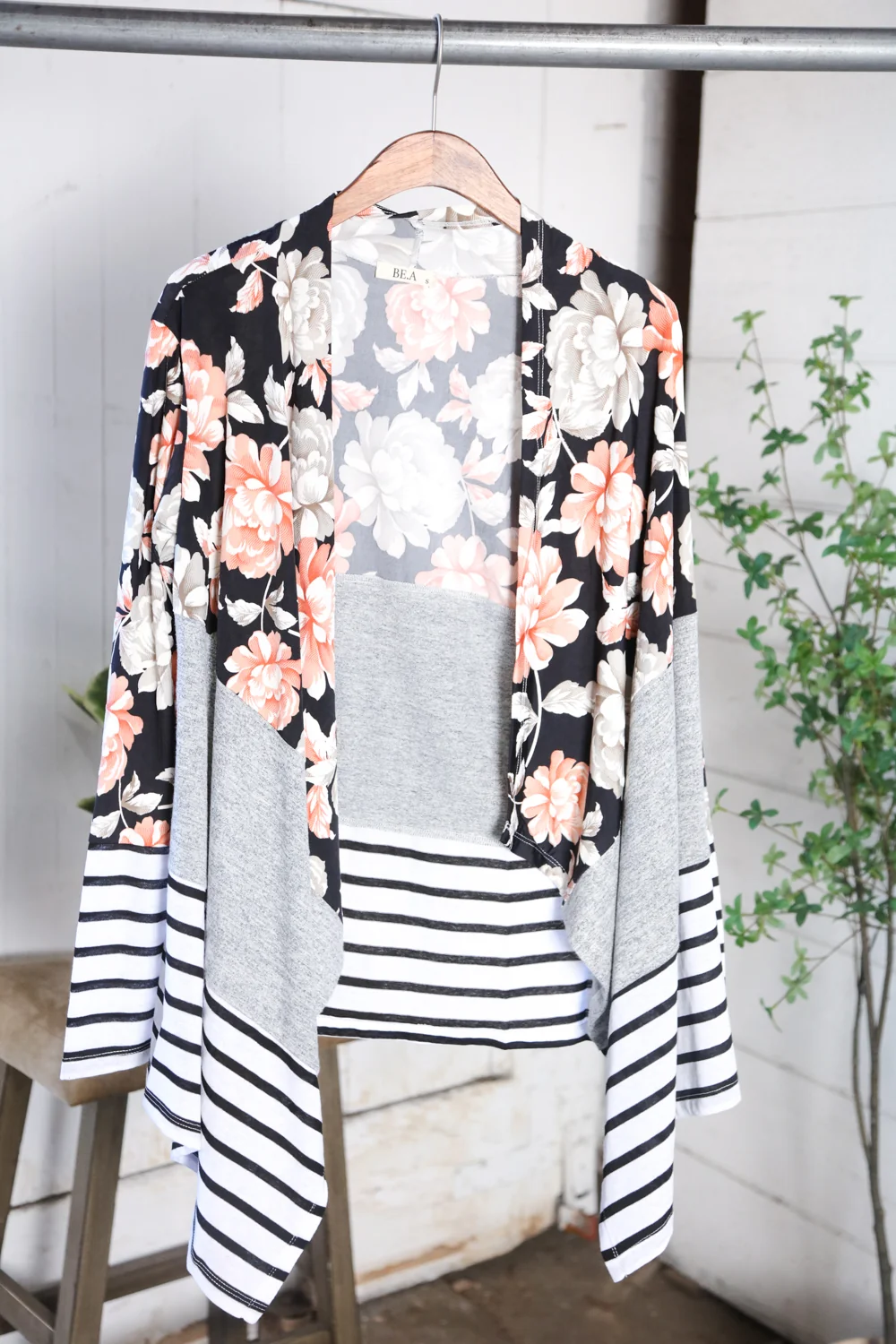 Floral Stripe Color Block Open Cardigan