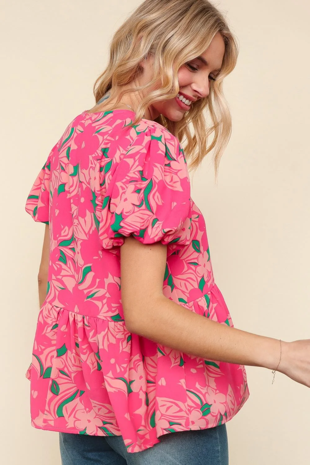 Floral Woven Top W/ Front Ribbon Bow Tie - Image 2