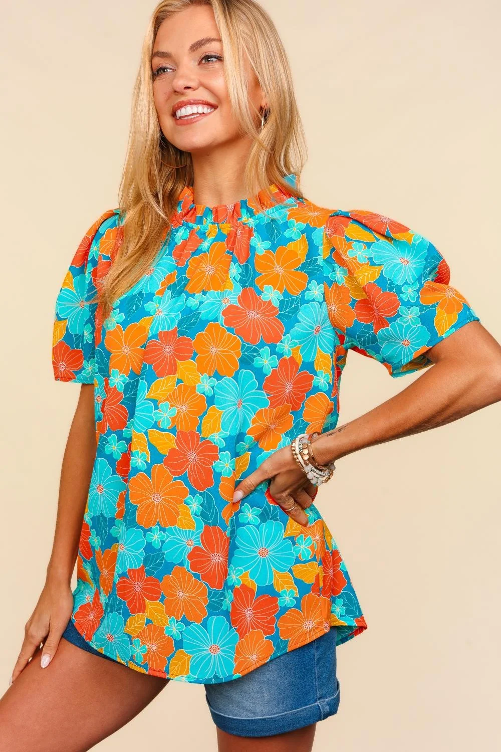 Frilled Mock Neck Tropical Floral Woven Top (2-1-2) - Image 3