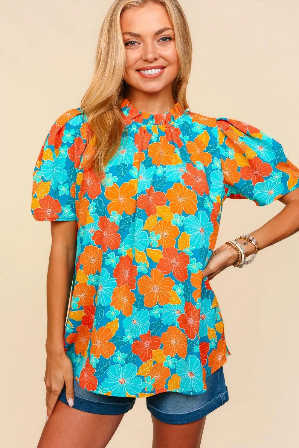 Frilled Mock Neck Tropical Floral Woven Top (2-1-2) - Image 4