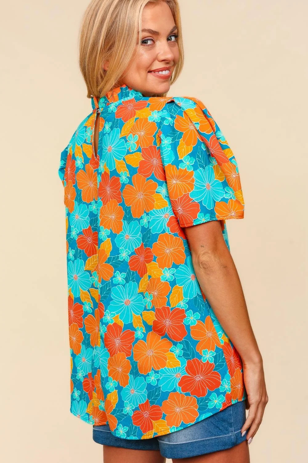 Frilled Mock Neck Tropical Floral Woven Top (2-1-2) - Image 5
