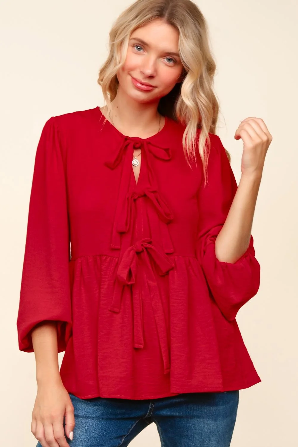 Plus Front Ribbon Bow Tie Solid Woven Holiday Blouse