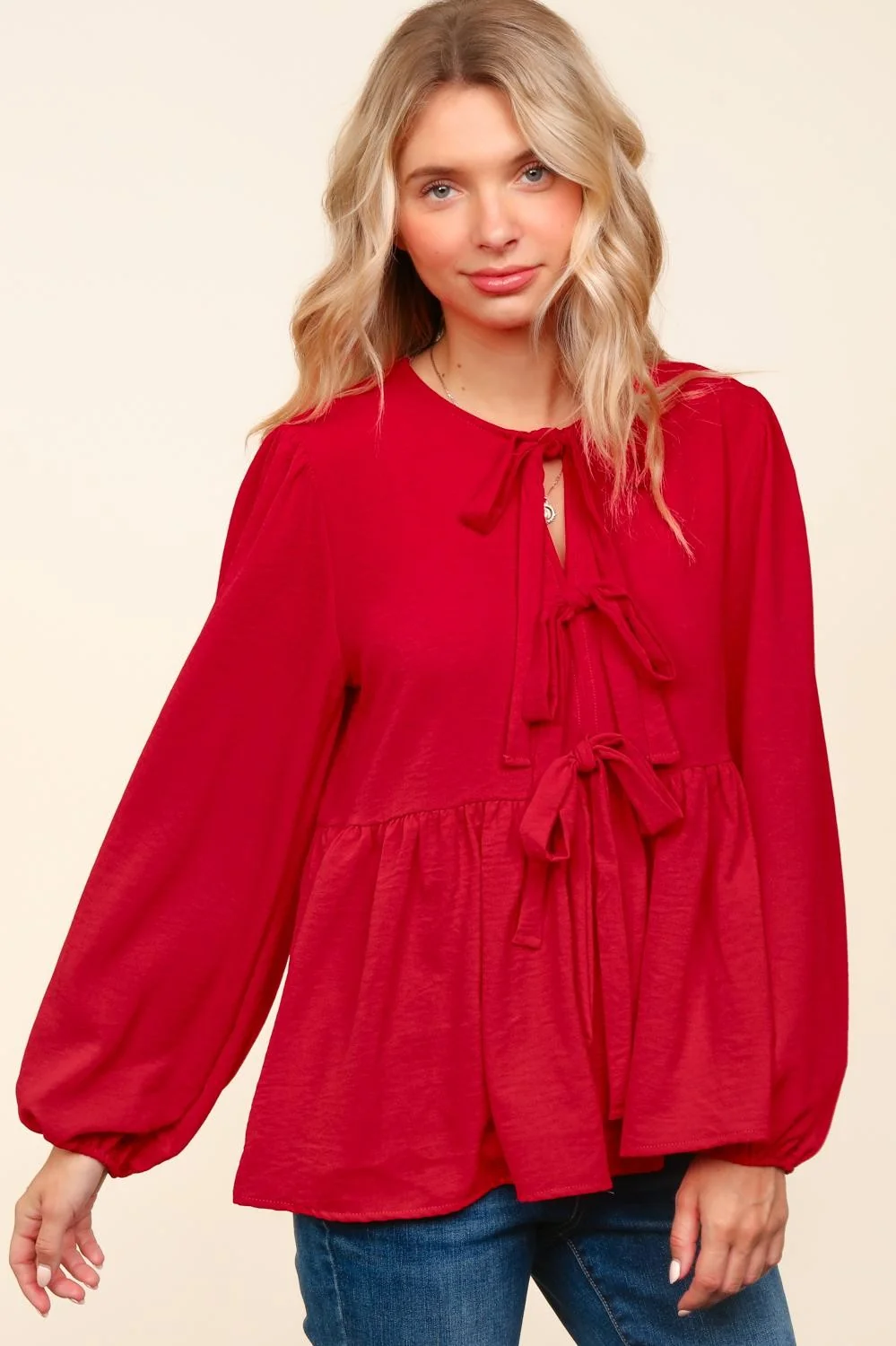Plus Front Ribbon Bow Tie Solid Woven Holiday Blouse - Image 4