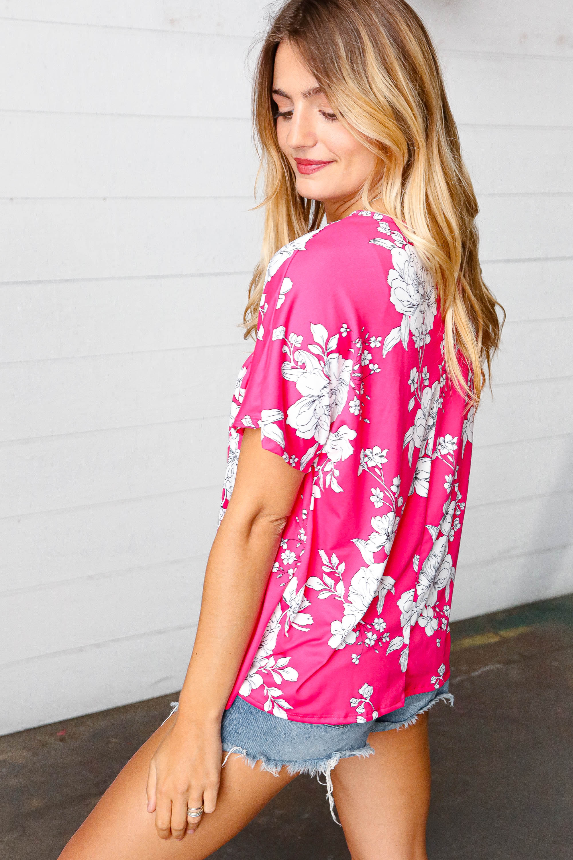 Fuchsia Floral V Neck Dolman Top (Open Pack) - Image 6